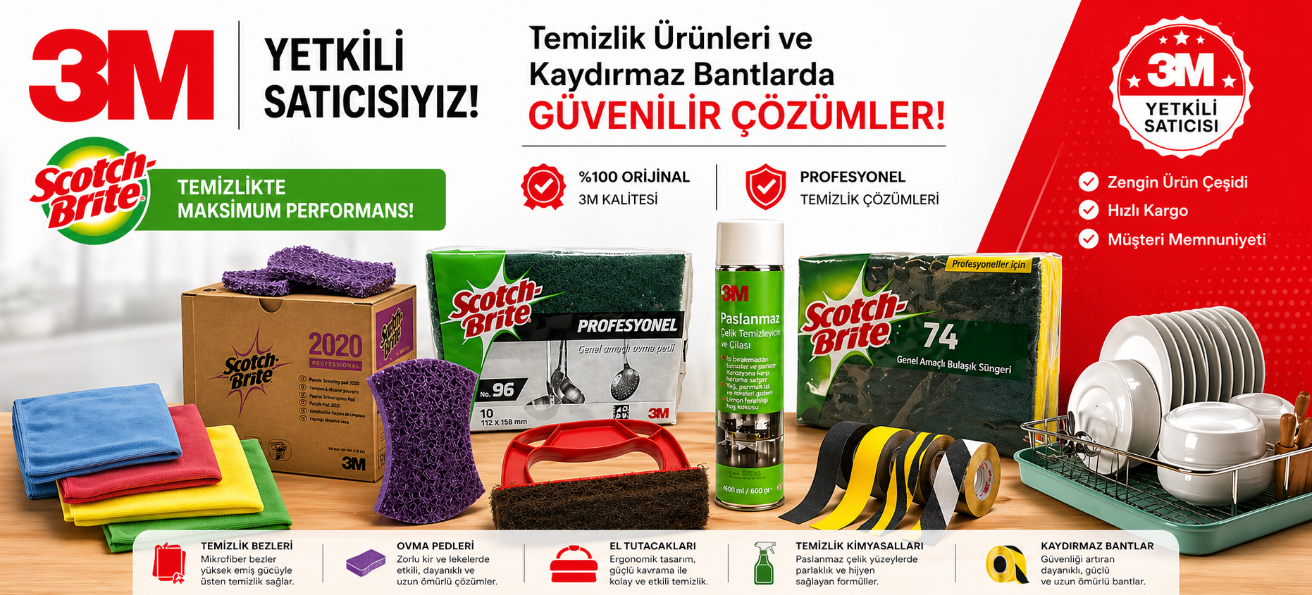3M yetkili satıcısı temizlik ürünleri bannerı, Scotch Brite süngerler, mikrofiber bezler, ovma pedleri, zemin pedleri, paslanmaz çelik temizleyici ve kaydırmaz bant ürünleri