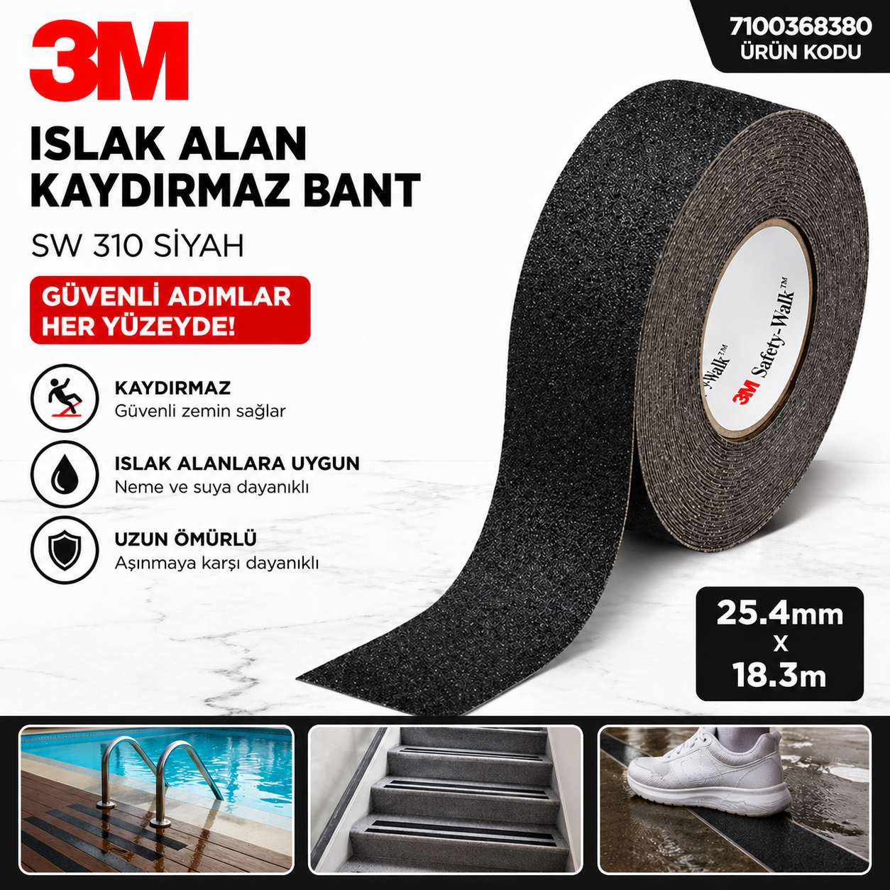 3M Safety-Walk 310 Islak Alan Kaydırmaz Bant Siyah 25 mm x 18 m ...