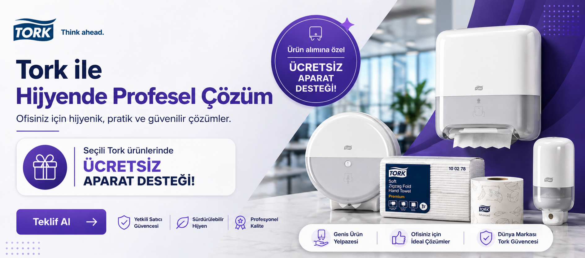 Tork dispenser, kağıt havlu ve tuvalet kağıdı ürünleri ile ofisler için hijyen çözümleri ve ücretsiz aparat desteği kampanyasını gösteren banner