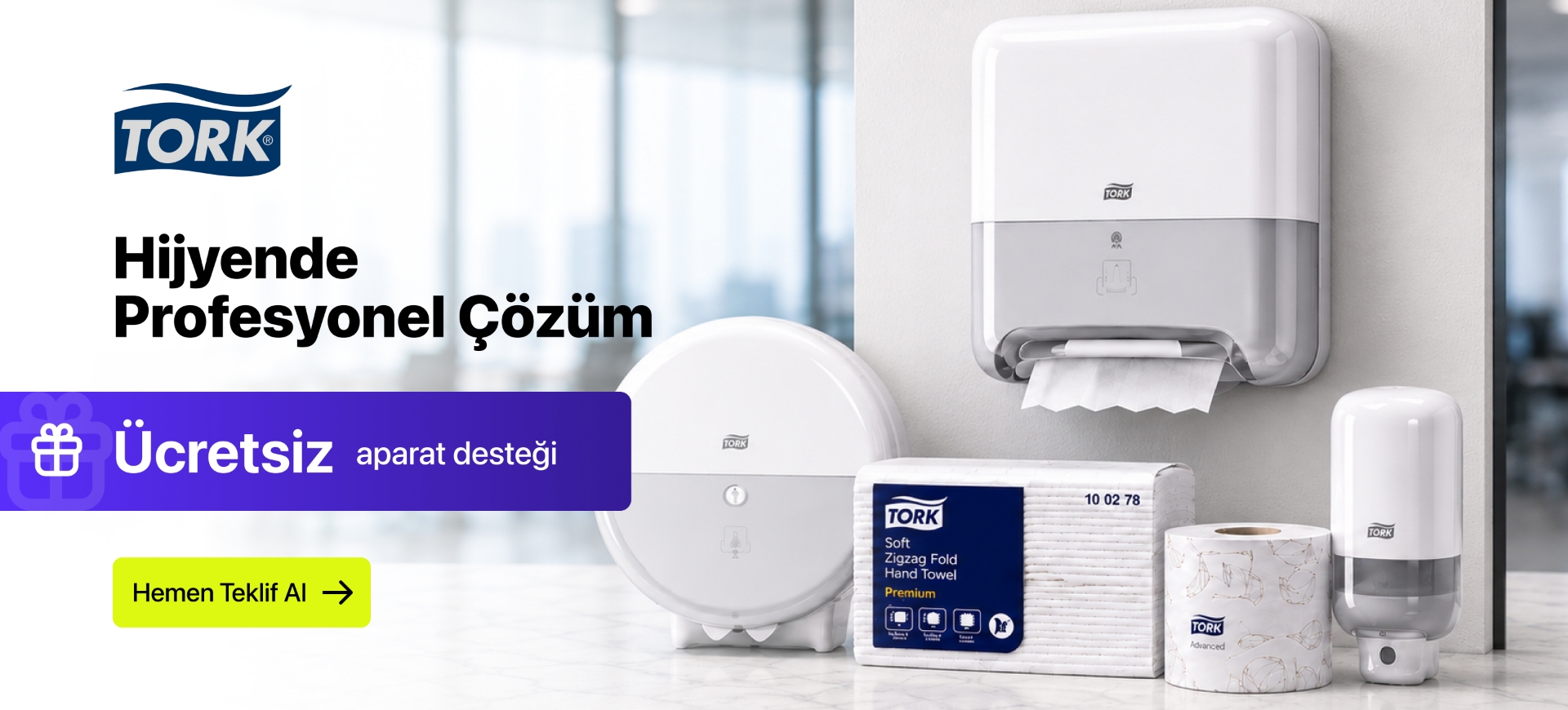 Tork dispenser, kağıt havlu ve tuvalet kağıdı ürünleri ile ofisler için hijyen çözümleri ve ücretsiz aparat desteği kampanyasını gösteren banner